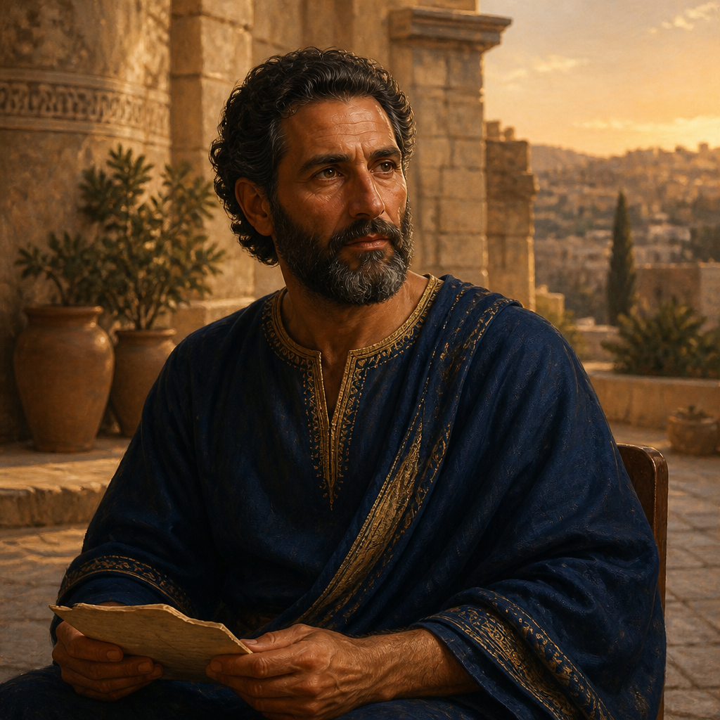 Oil-painting style portrait of Elioenai, Son of Neariah, Descendant of King David and father of seven sons in the tribe of Judah
