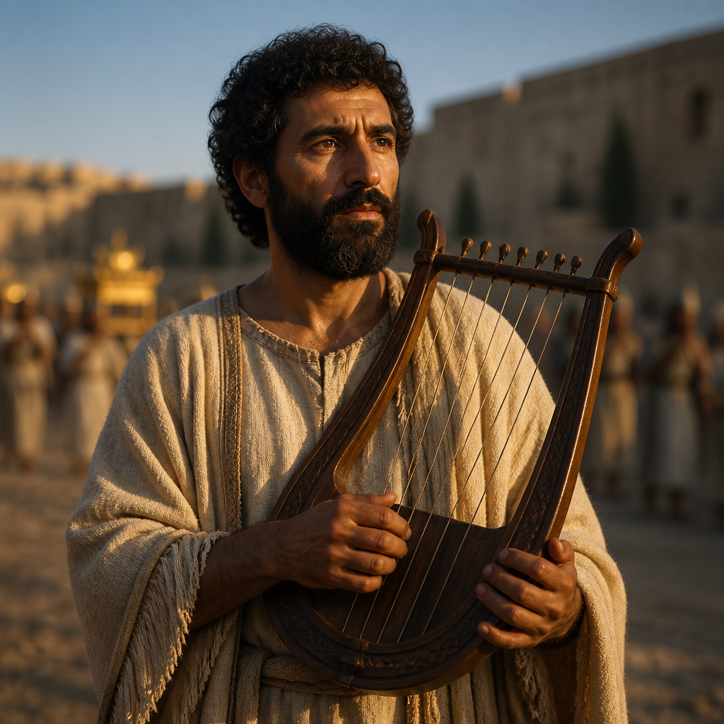 Oil-painting style portrait of Eliphelehu, Levite musician who played the lyre during the transfer of the Ark of the Covenant to Jerusalem