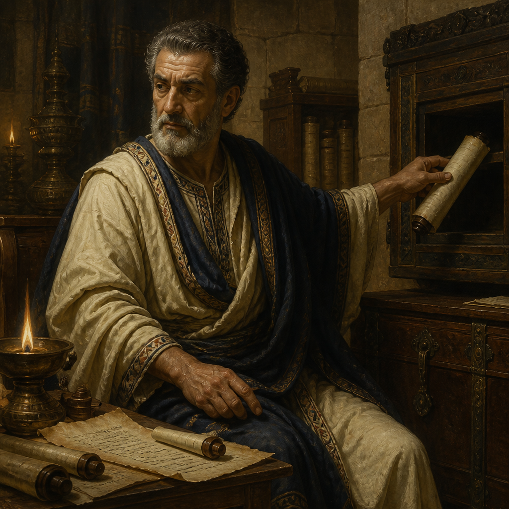 Oil-painting style portrait of Elishama, Scribe of the Divided Monarchy, Royal scribe whose palace chamber was used to store Jeremiah's prophetic scroll