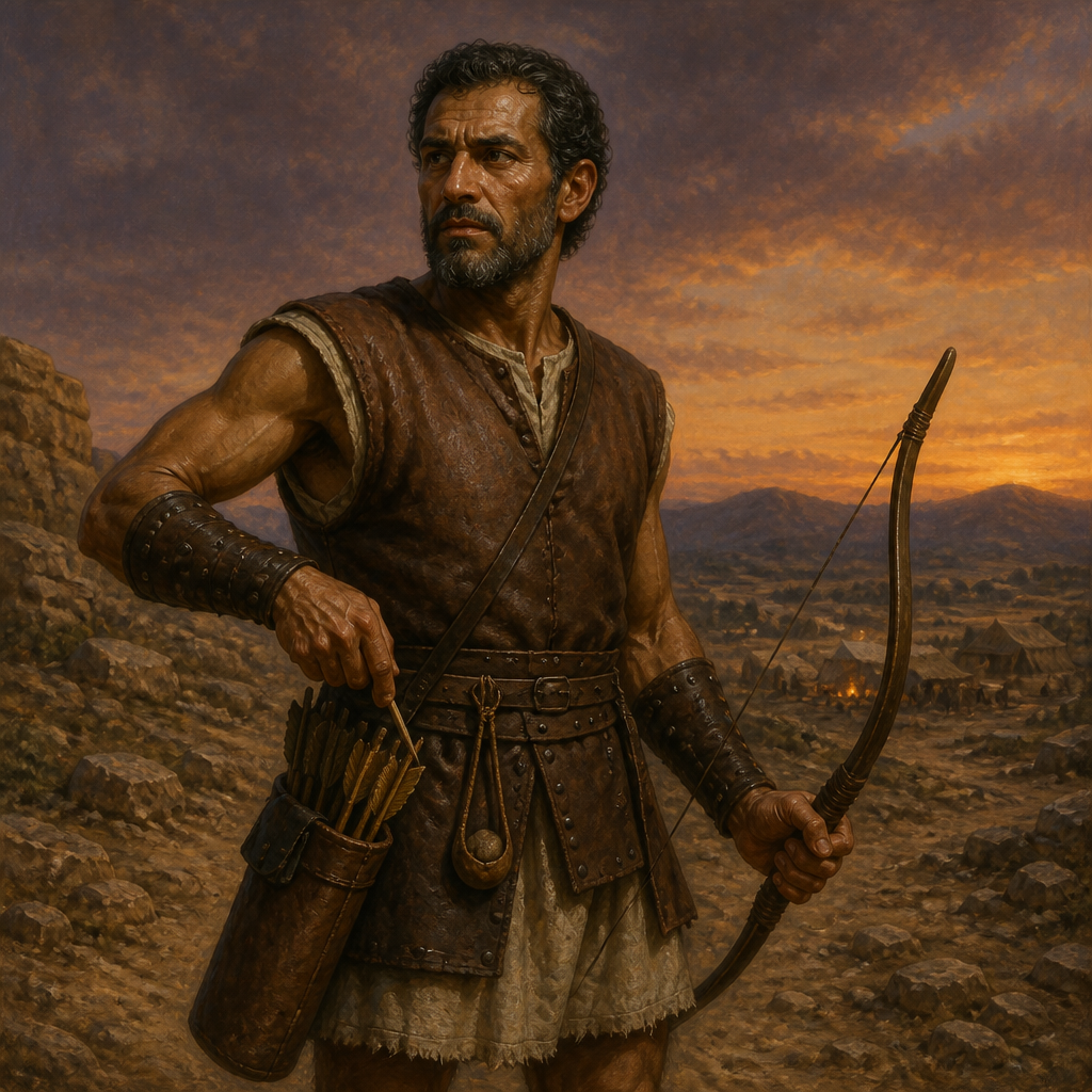 Oil-painting style portrait of Elkanah, Warrior of the Divided Monarchy, Korahite warrior who joined David at Ziklag and was known for being an ambidextrous archer