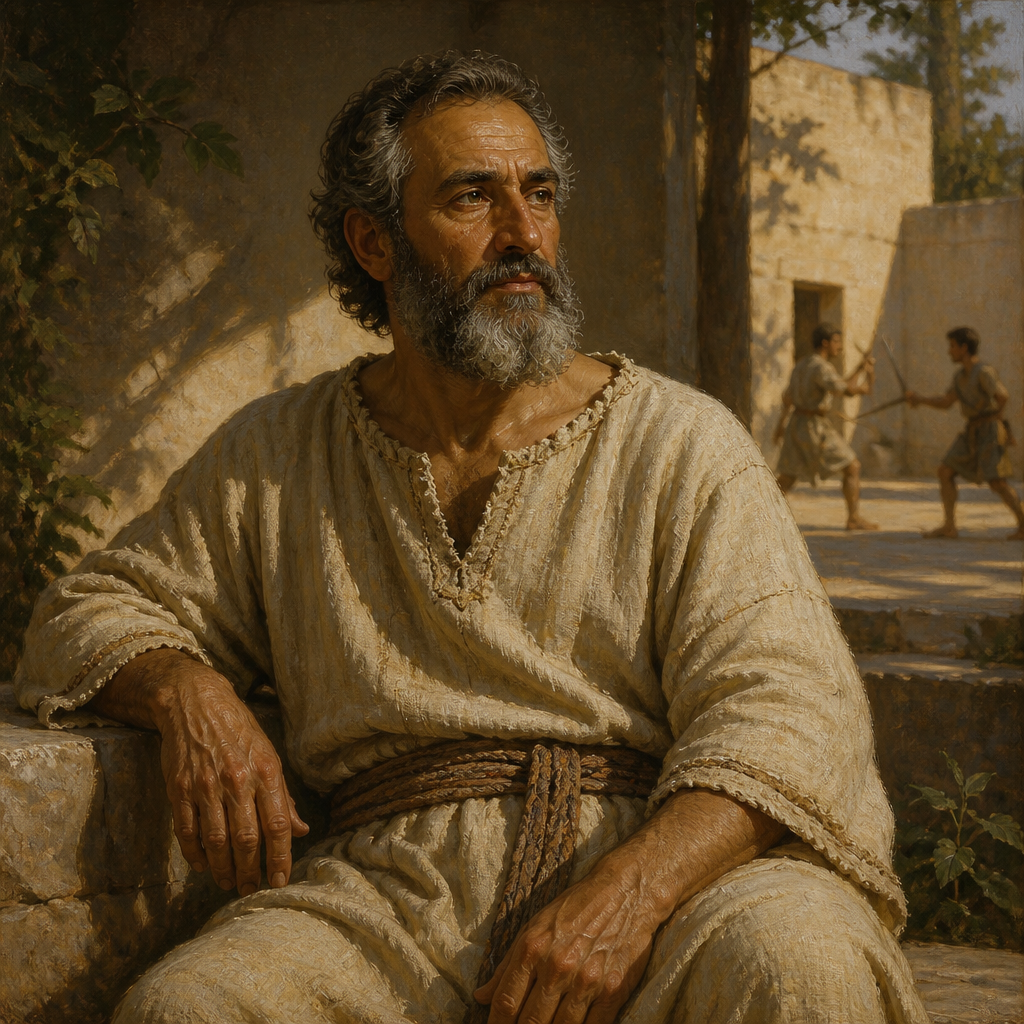 Oil-painting style portrait of Elnaam, Father of two of King David's Mighty Men