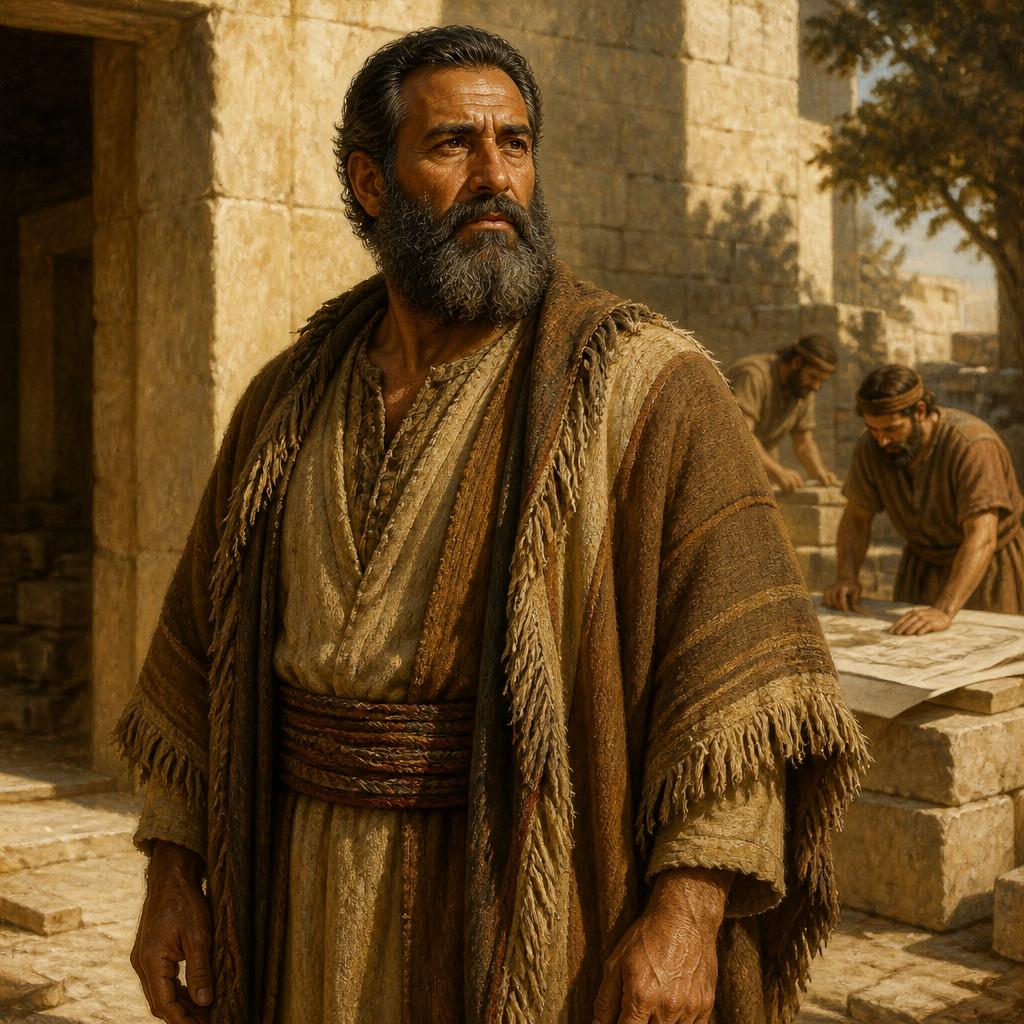 Oil-painting style portrait of Elpaal, Benjamite patriarch whose son Shemed built the cities of Ono and Lod