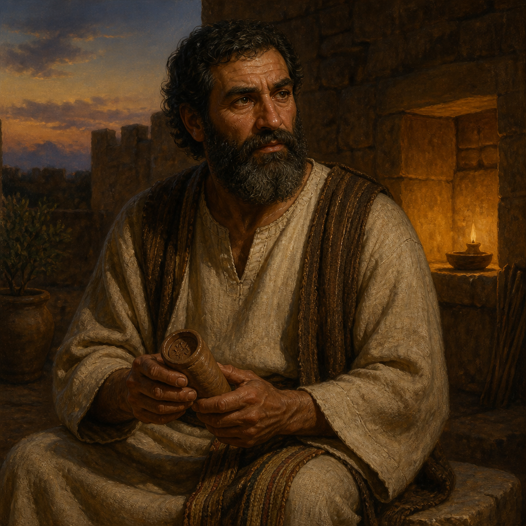 Oil-painting style portrait of Eshton, Judean descendant of Chelub and father of the men of Recah