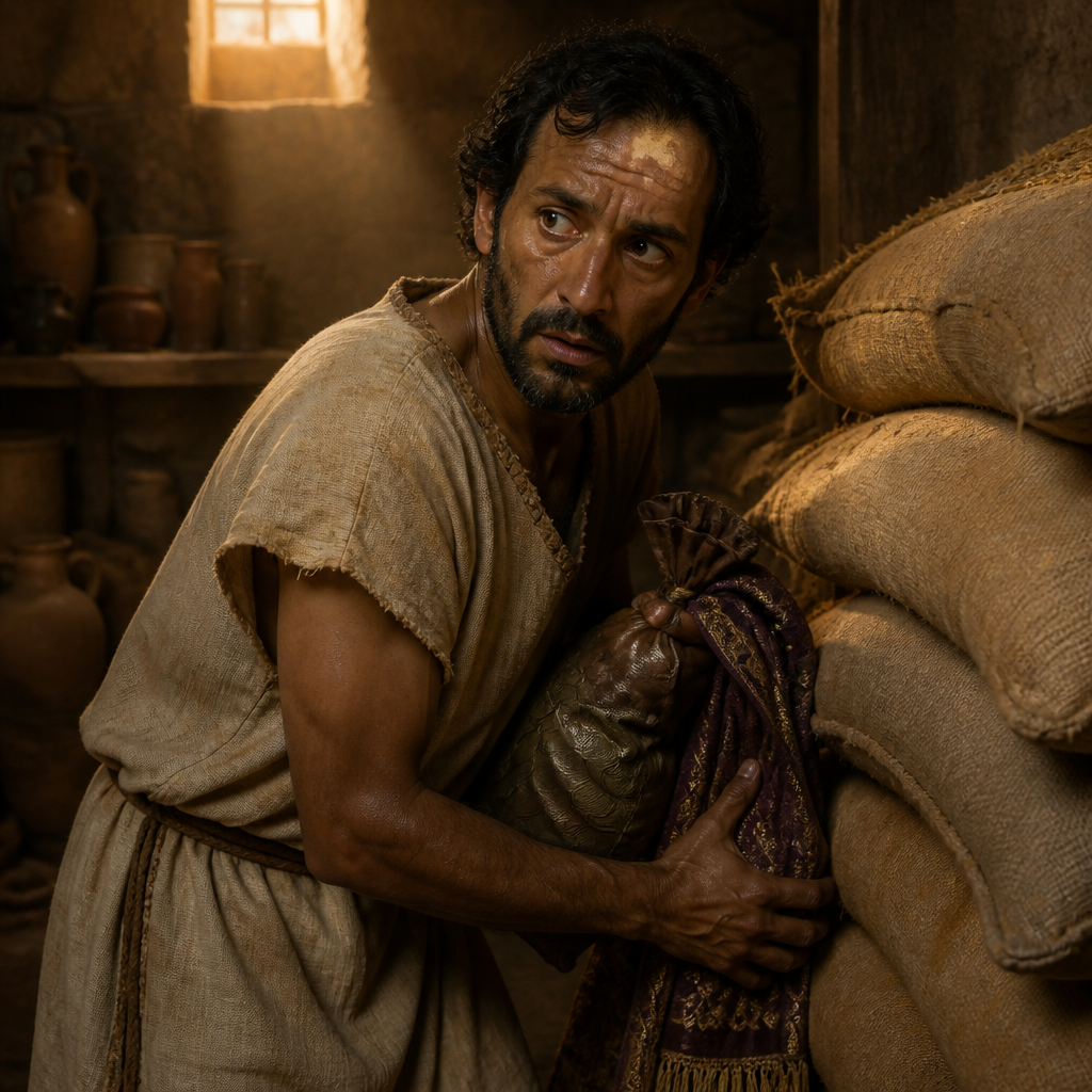 Oil-painting style portrait of Gehazi, Servant of Elisha who was cursed with leprosy for his greed