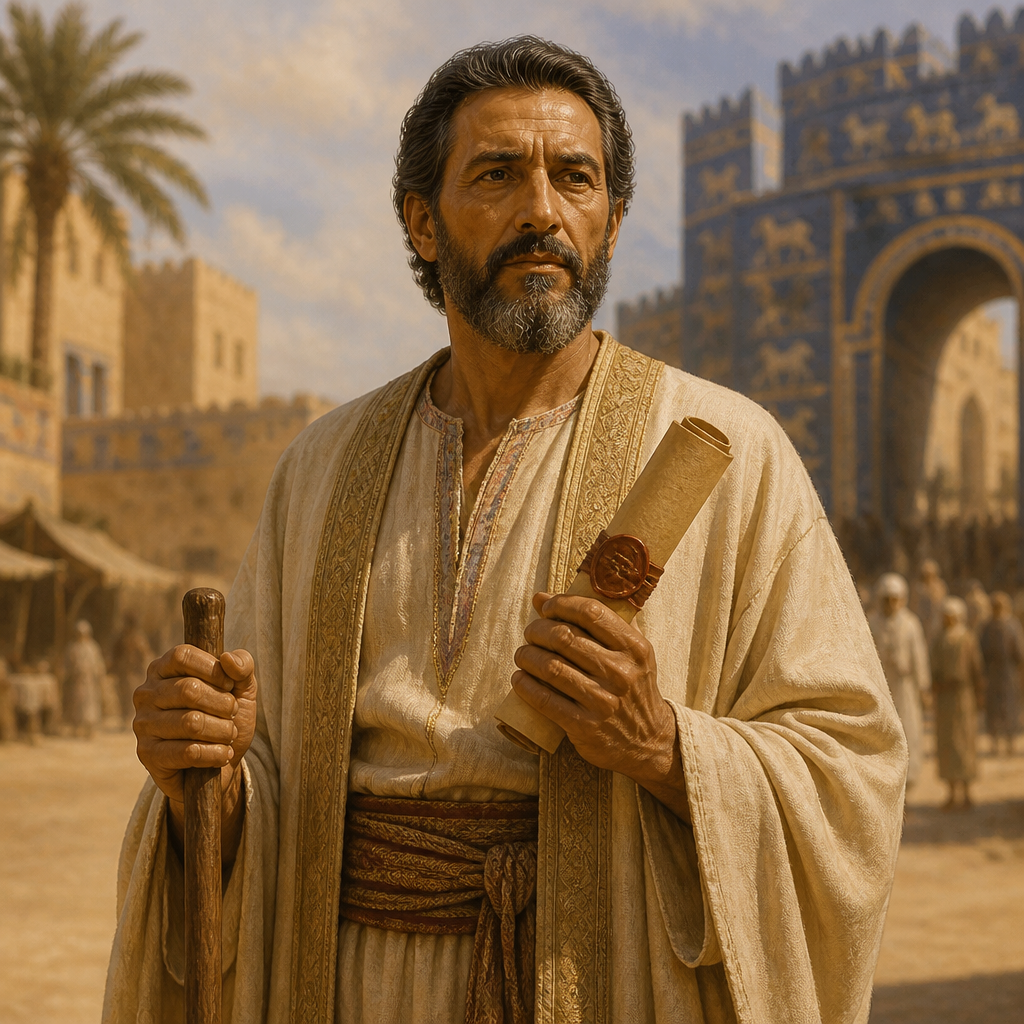 Oil-painting style portrait of Gemariah, Son of Hilkiah, Envoy of King Zedekiah who carried Jeremiah's letter to the exiles in Babylon