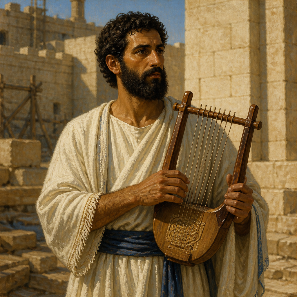 Oil-painting style portrait of Giddalti, Levitical musician and son of Heman who led the twenty-second division of singers in the house of the Lord