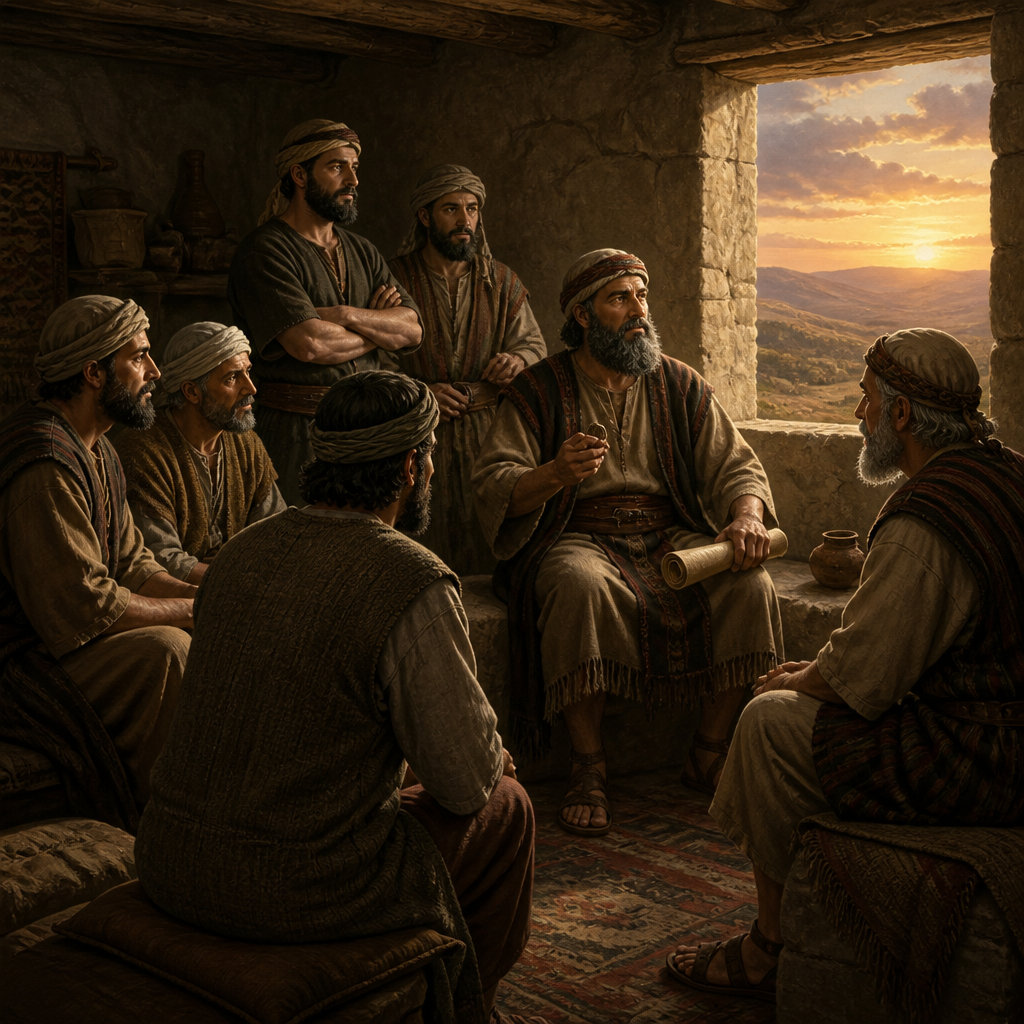 Oil-painting style scene of Gilead, Member of the Tribe of Gad, figures from the Bible