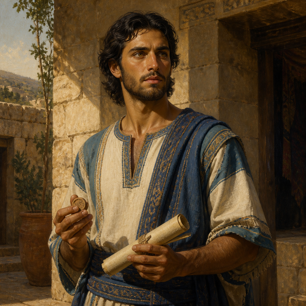 Oil-painting style portrait of Hanan, Son of Azel, Son of Azel and descendant of King Saul through Jonathan