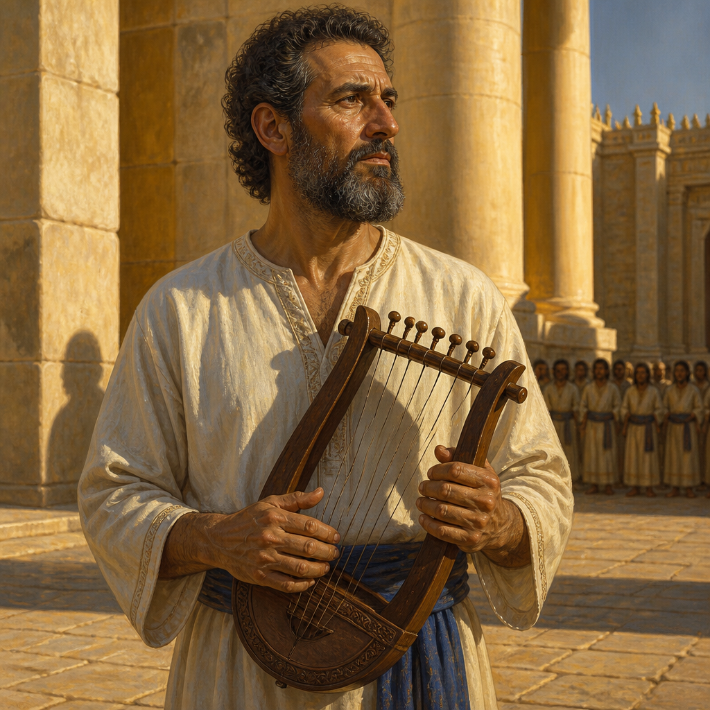 Oil-painting style portrait of Hanani, Musician of the Divided Monarchy, Levite musician who led the eighteenth division of temple singers under King David's arrangement