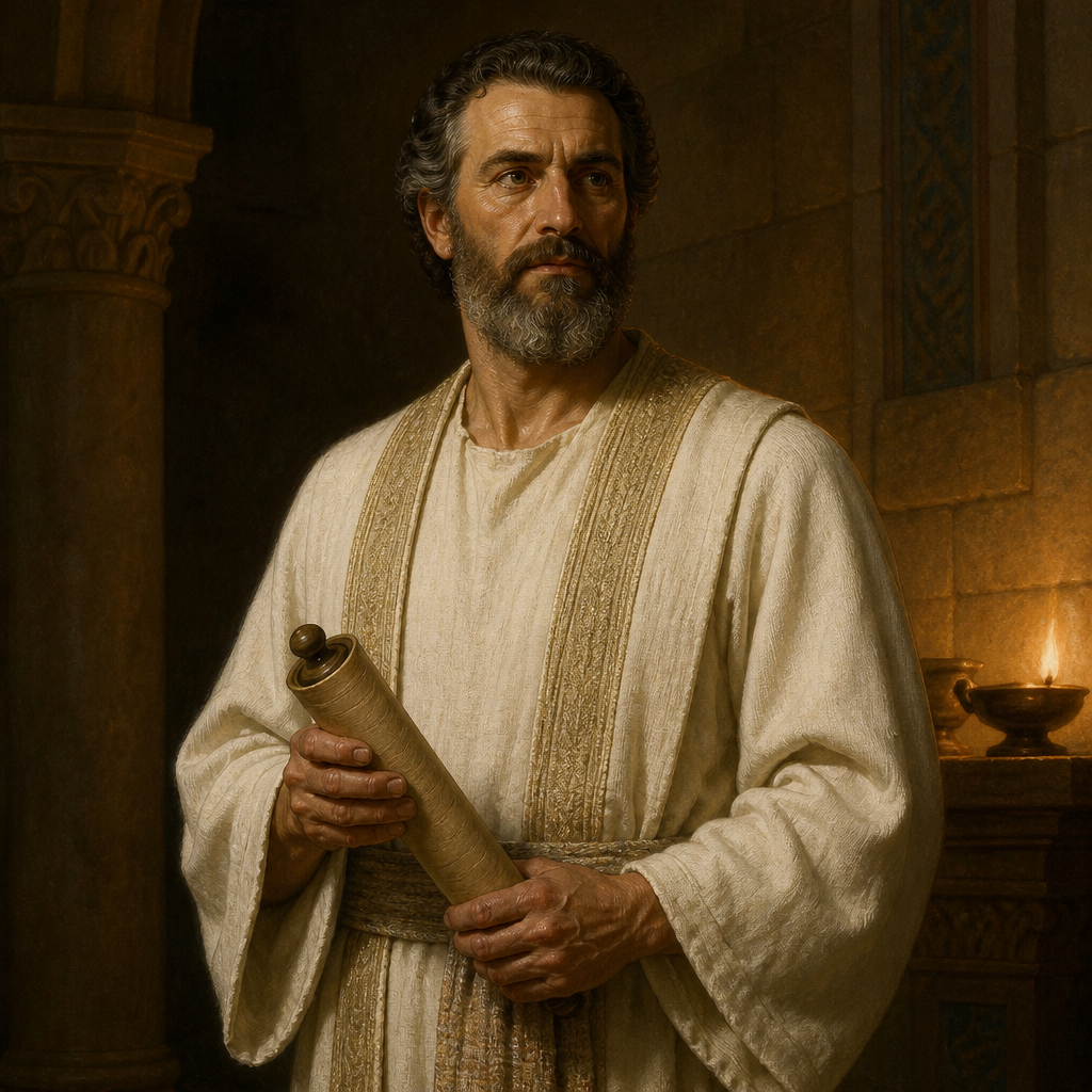 Oil-painting style portrait of Haran, Levite of the Divided Monarchy, Levite head of the families of Ladan during the Divided Monarchy