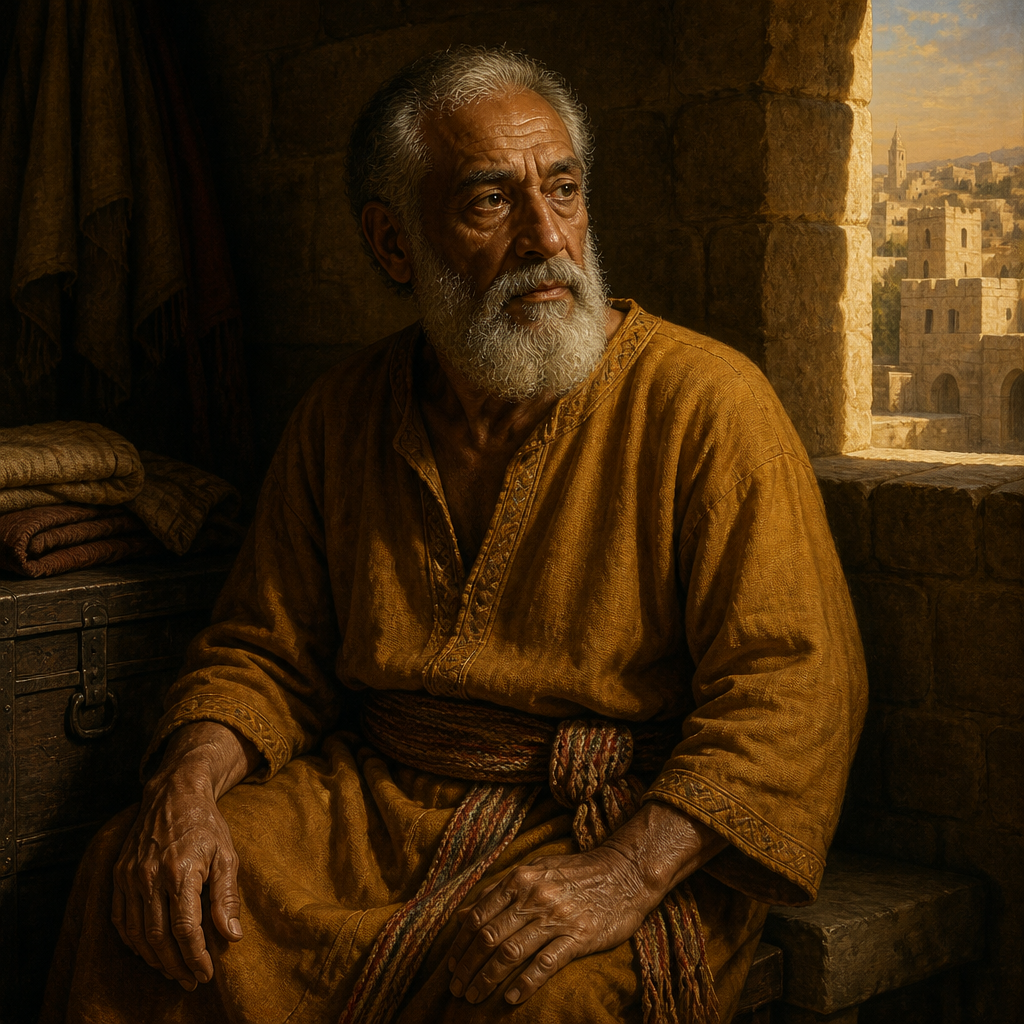 Oil-painting style portrait of Harhas, Grandfather of Shallum the keeper of the wardrobe