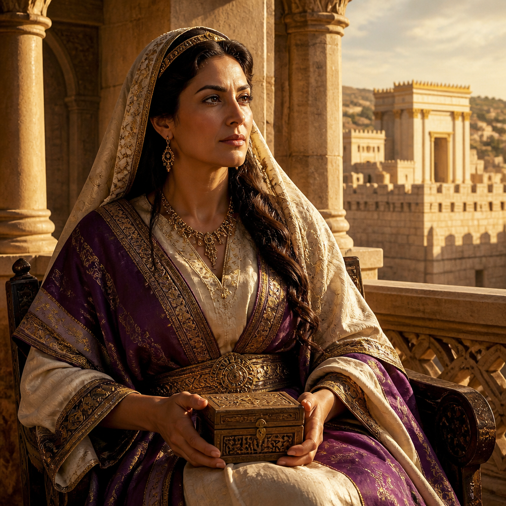 Oil-painting style portrait of Hephzibah, Queen mother of King Manasseh and wife of King Hezekiah