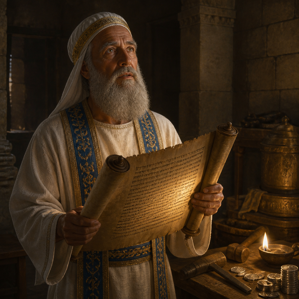 Oil-painting style portrait of Hilkiah the High Priest, High Priest who found the Book of the Law in the Temple during the reign of King Josiah