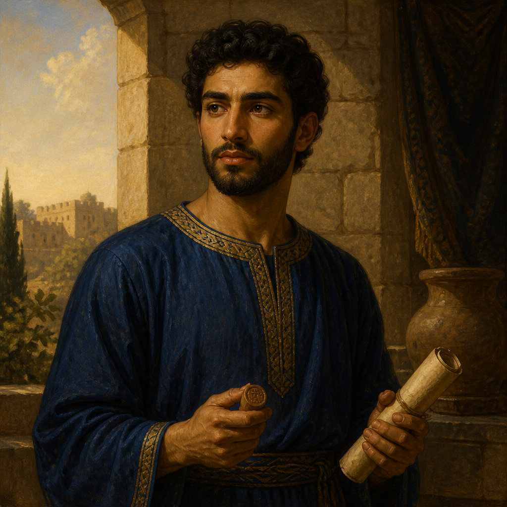 Oil-painting style portrait of Hodaviah, Son of Elioenai, Firstborn son of Elioenai in the Davidic royal lineage