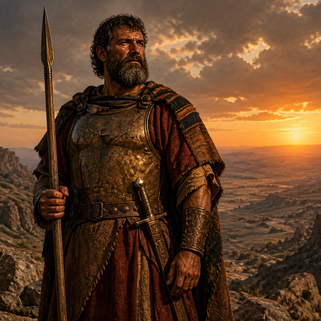Oil-painting style portrait of Hodaviah, Warrior of Manasseh, Manassite chieftain and mighty warrior known as a famous man and head of his family
