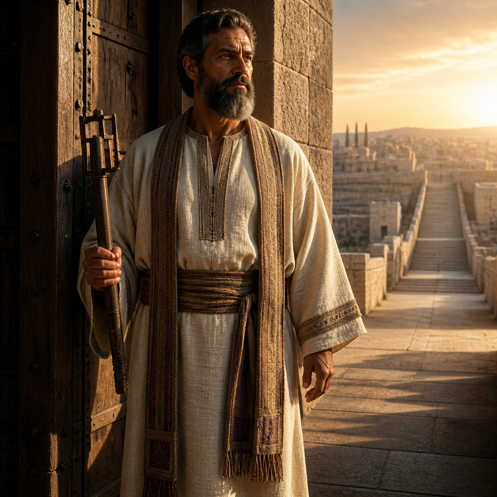 Oil-painting style portrait of Hosah, Levite gatekeeper of the Merarite clan assigned to the West Gate and Shallecheth Gate