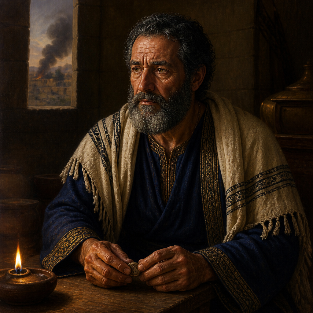 Oil-painting style portrait of Hoshaiah, Father of Jezaniah, father of the military commanders who defied Jeremiah's warning not to go to Egypt