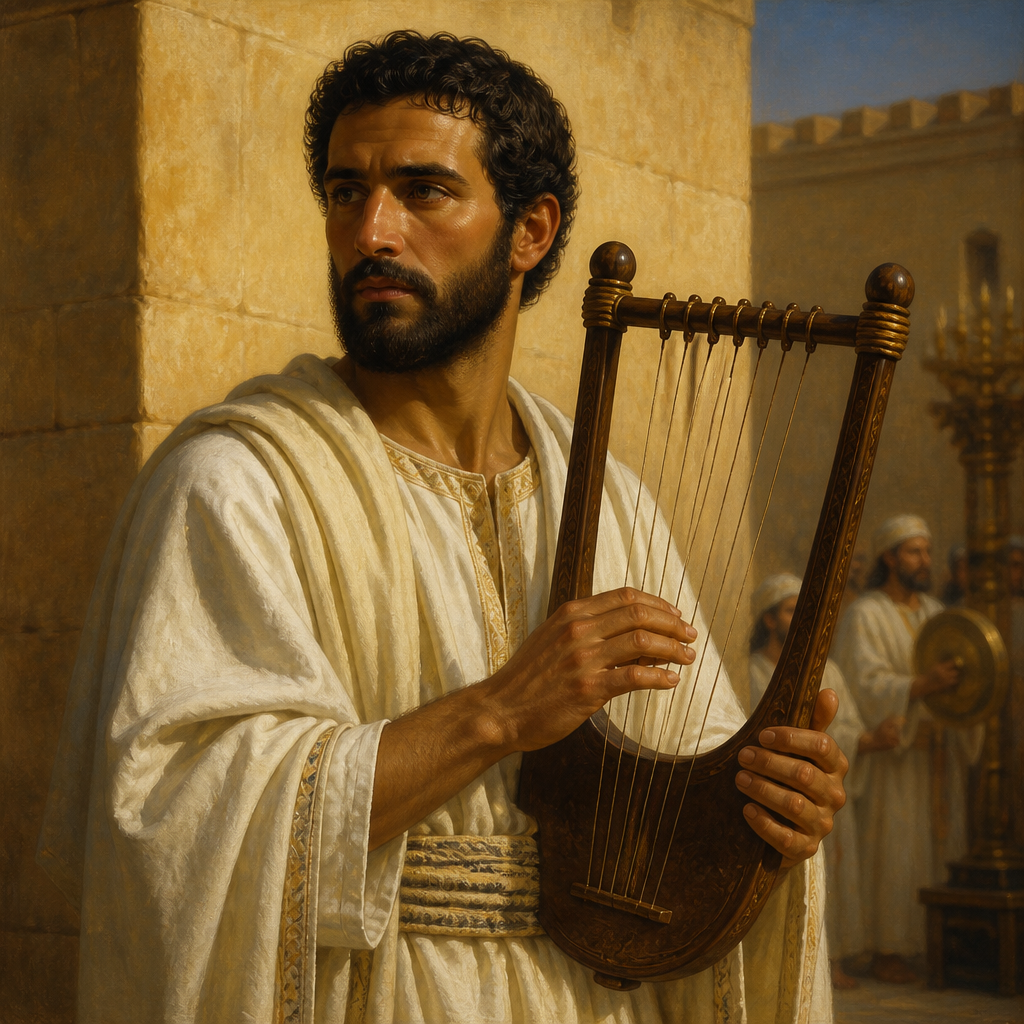Oil-painting style portrait of Hothir, Levite musician who led the twenty-first division of temple singers