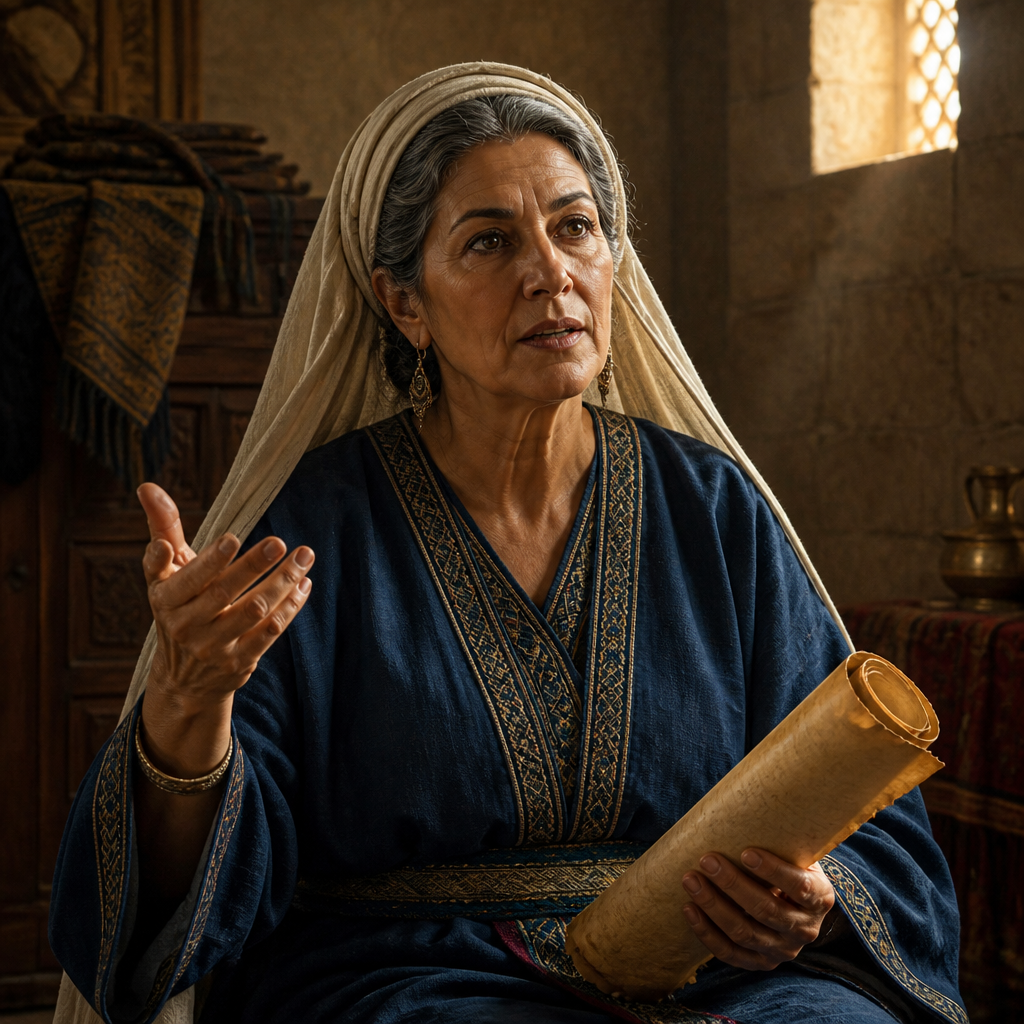 Oil-painting style portrait of Huldah, Prophetess who authenticated the Book of the Law for King Josiah