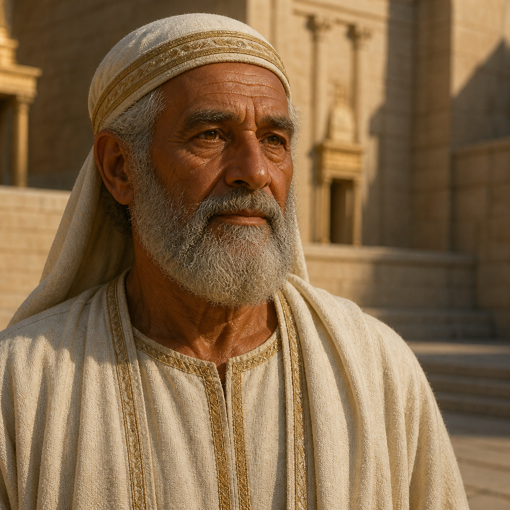Oil-painting style portrait of Imnah, Levite of the Divided Monarchy, Levite whose son Kore was the keeper of the East Gate during Hezekiah's reforms