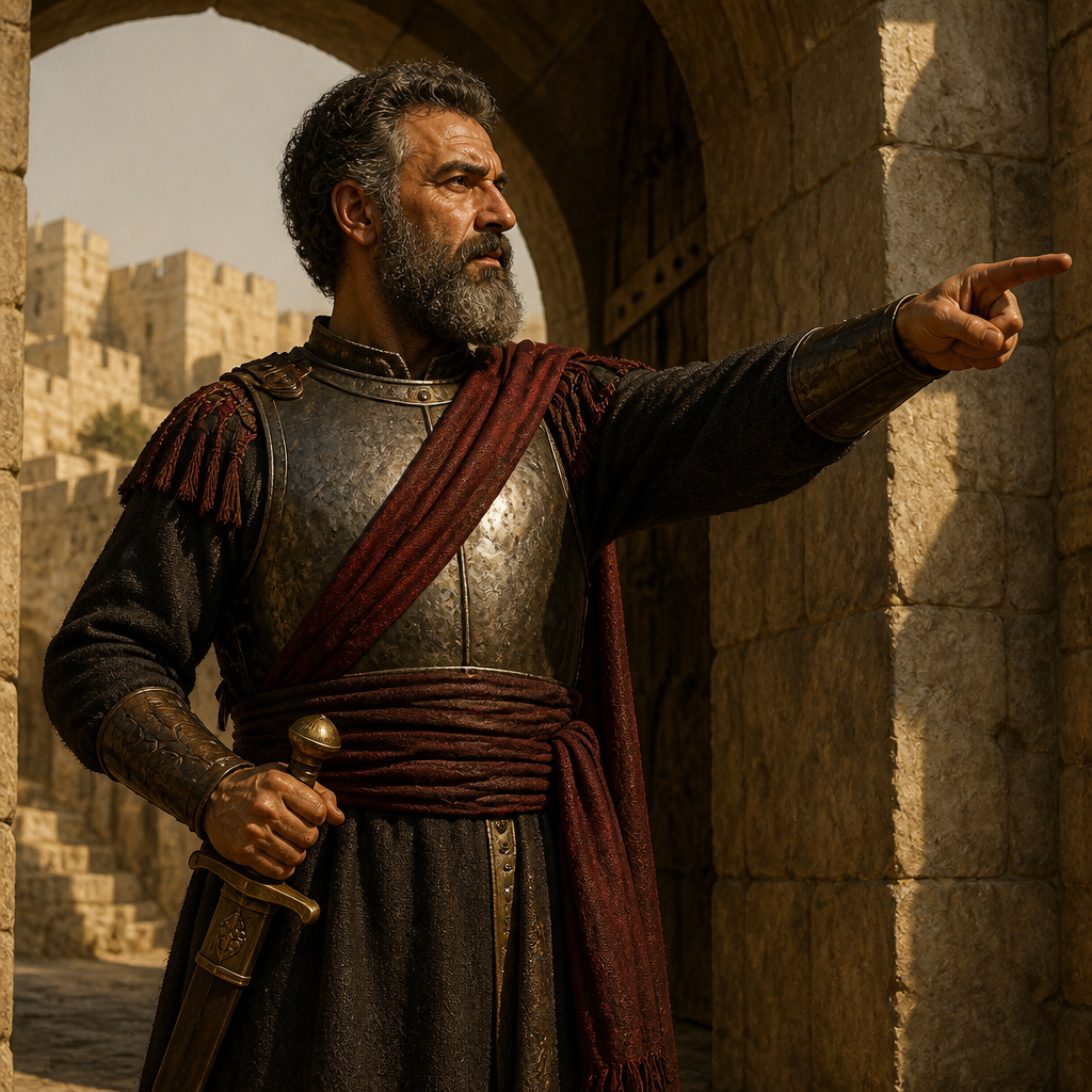 Oil-painting style portrait of Irijah, Captain of the guard who arrested Jeremiah at the Gate of Benjamin