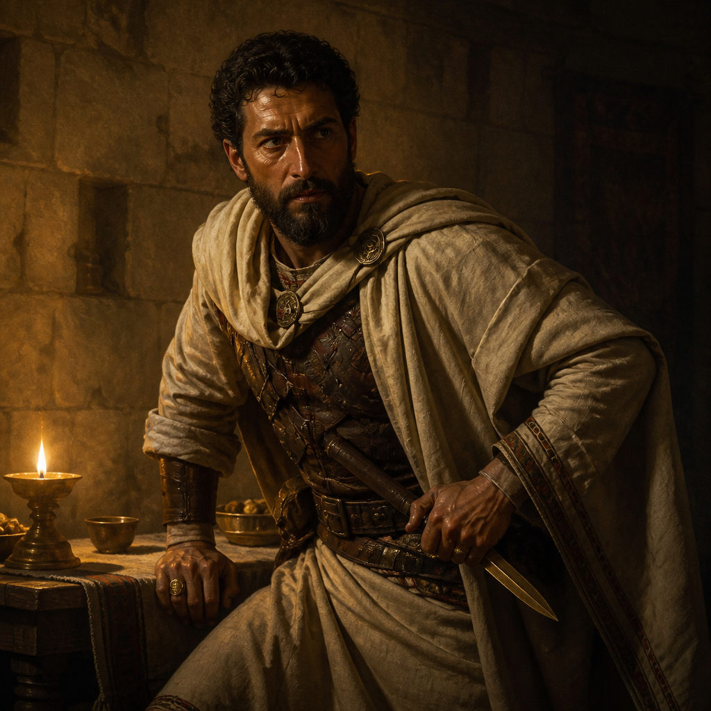 Oil-painting style portrait of Ishmael son of Nethaniah, Royal descendant who assassinated Gedaliah and massacred pilgrims at Mizpah