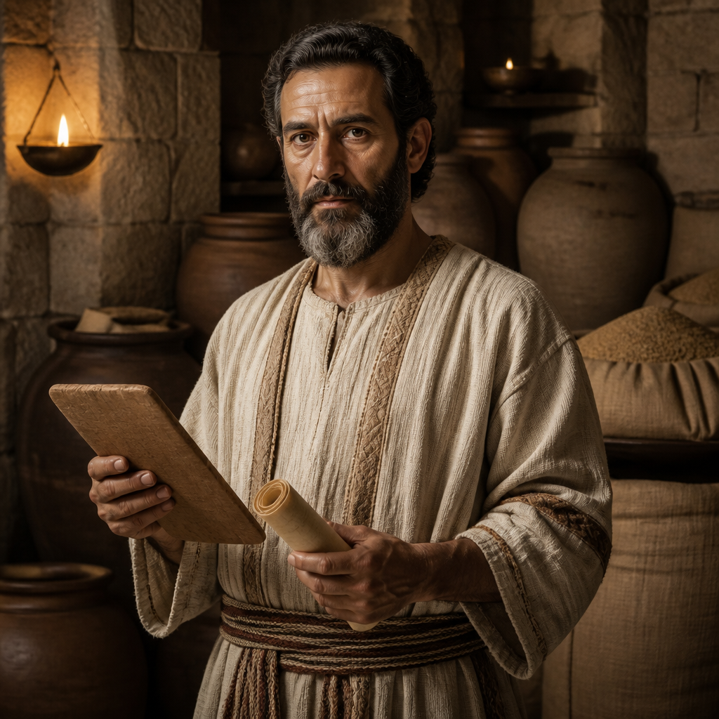 Oil-painting style portrait of Ismachiah, Levite overseer who managed Temple tithes under King Hezekiah