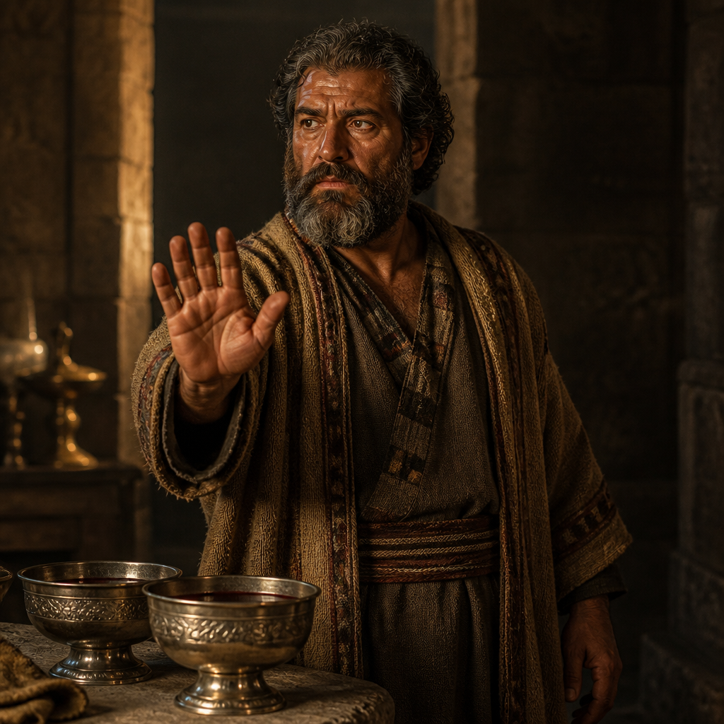 Oil-painting style portrait of Jaazaniah, Son of Jeremiah, Rechabite leader who refused to drink wine in the Temple to honor his ancestral vows