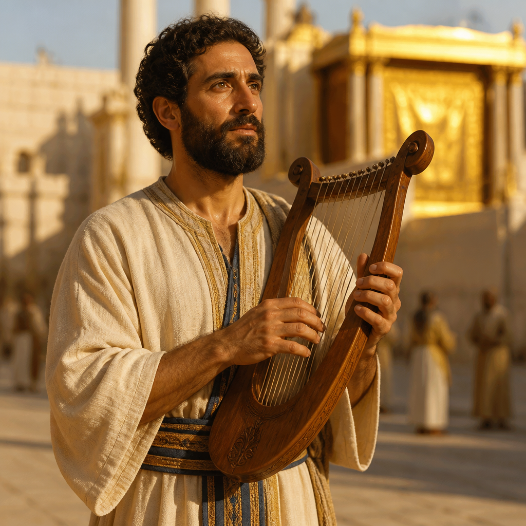 Oil-painting style portrait of Jaaziel, Levite musician who played the harp during the transport of the Ark to Jerusalem