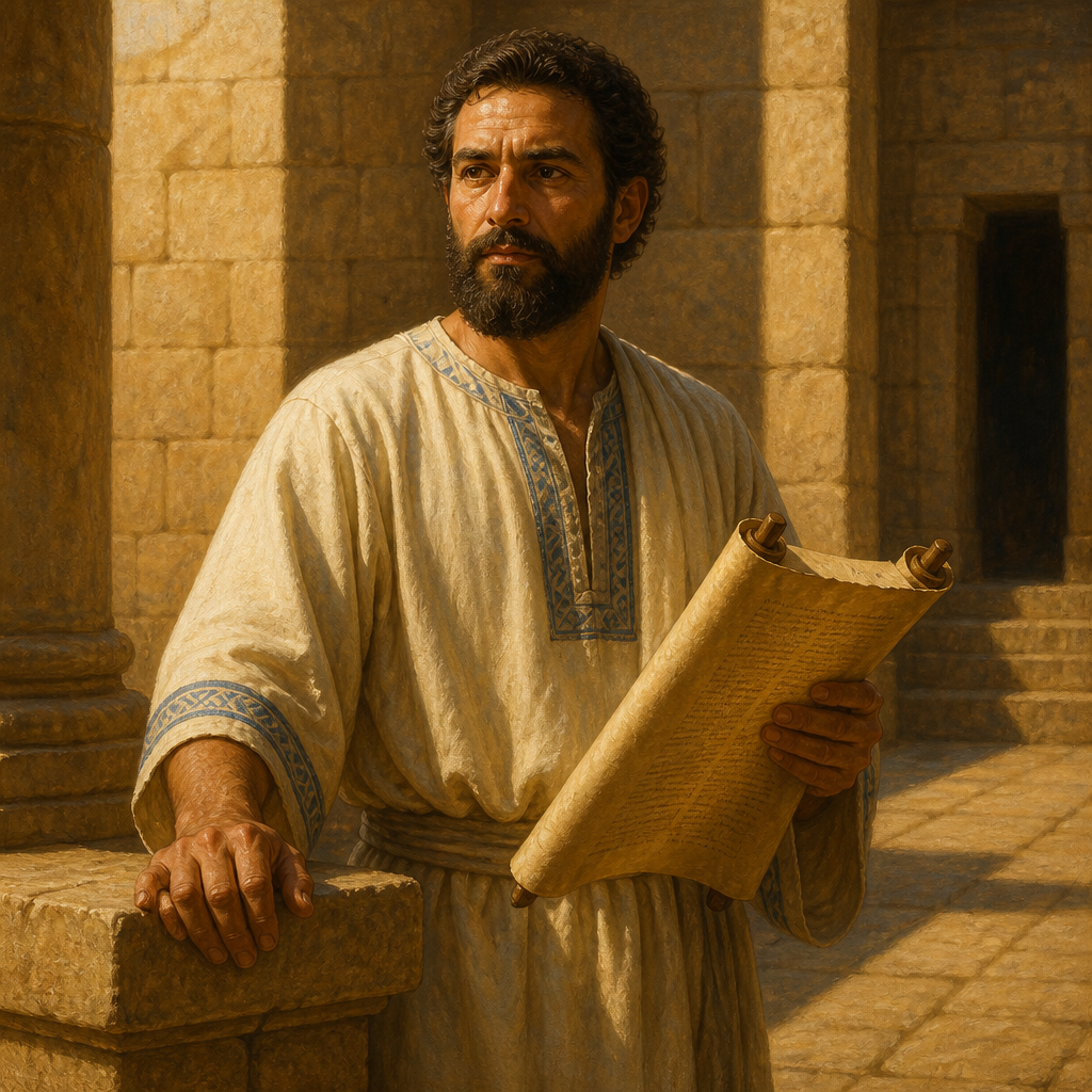 Oil-painting style portrait of Jahath, Son of Shelomoth, Levite of the Izharite line listed in the priestly divisions of King David