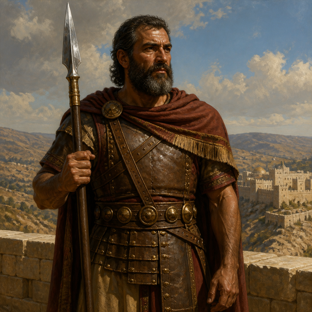 Oil-painting style portrait of Jashobeam, Chief of the Three, Chief of David's mighty men who killed hundreds of enemies in a single encounter with his spear