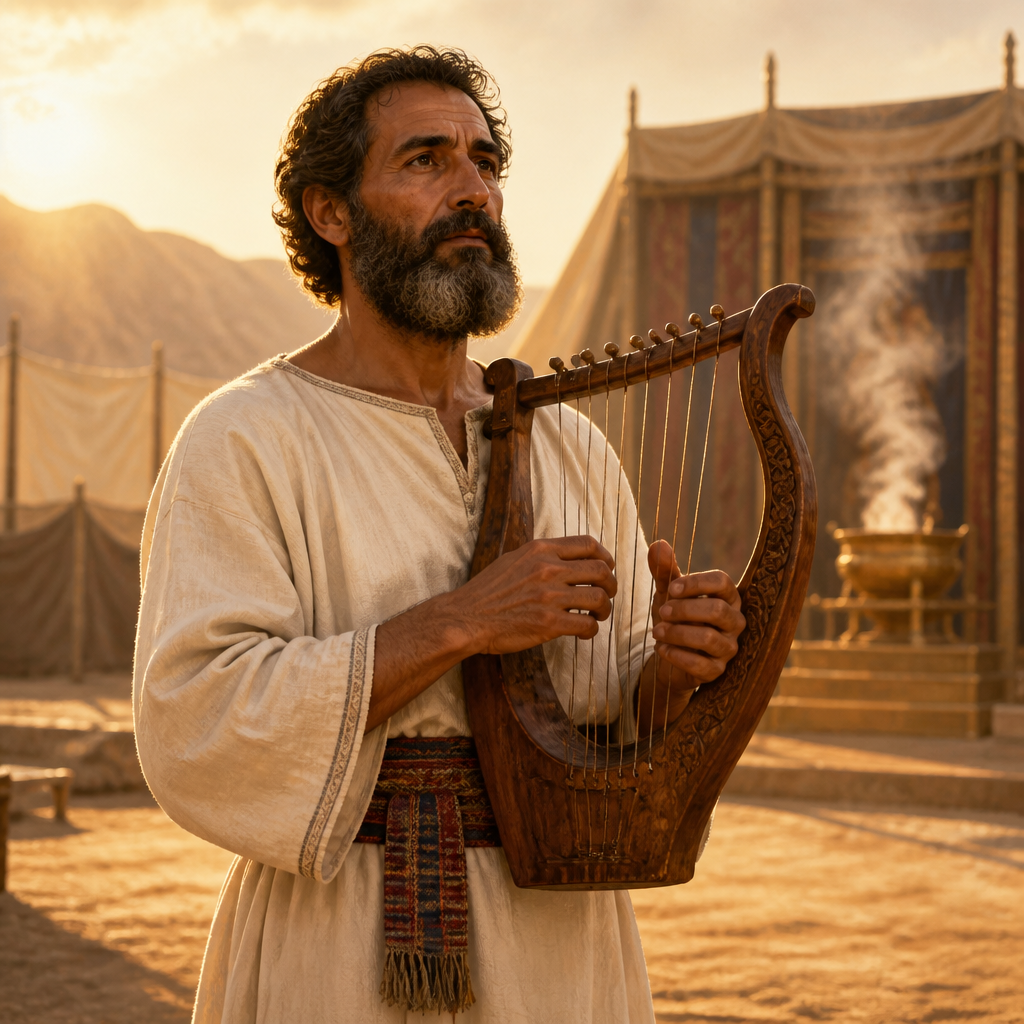 Oil-painting style portrait of Jehiel, Musician of the Divided Monarchy, Levite musician who played the harp according to Alamoth during the transport of the Ark