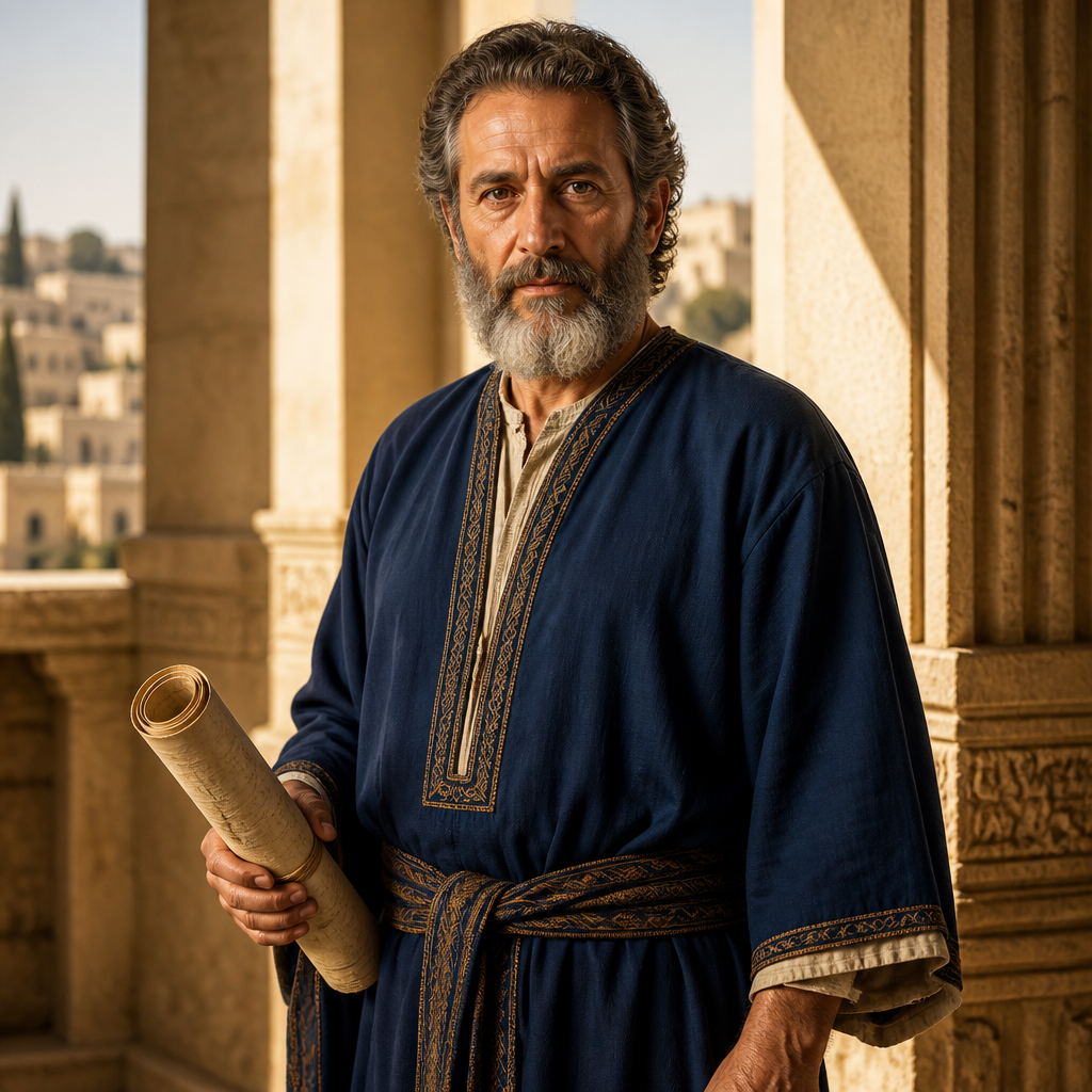 Oil-painting style portrait of Jehiel, Attendant to the Royal Sons, official who attended to the sons of King David