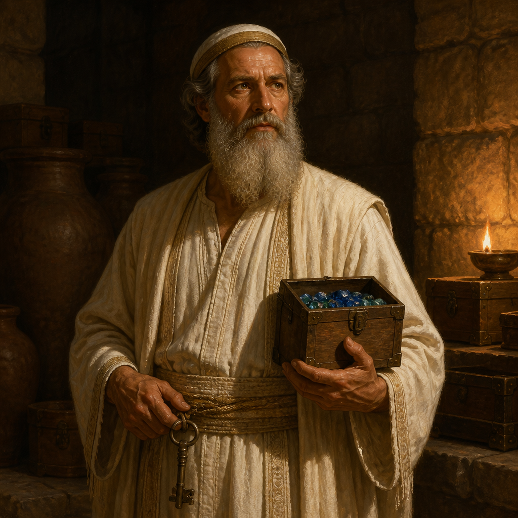 Oil-painting style portrait of Jehiel the Gershonite, Levite administrator who was in charge of the Temple treasuries and precious stones under King David