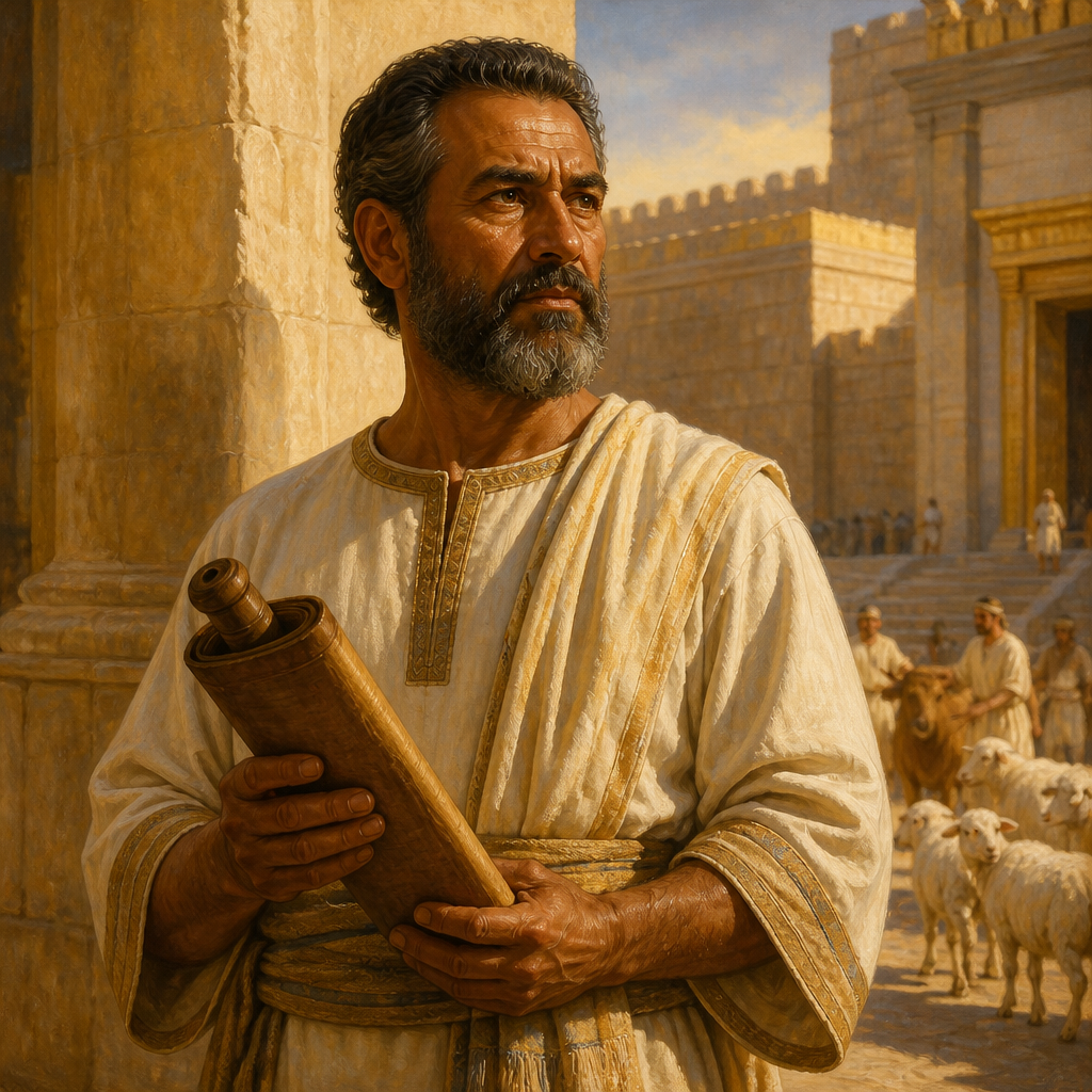 Oil-painting style portrait of Jehiel, Administrator of the House of God, Temple administrator who provided livestock for King Josiah's Great Passover