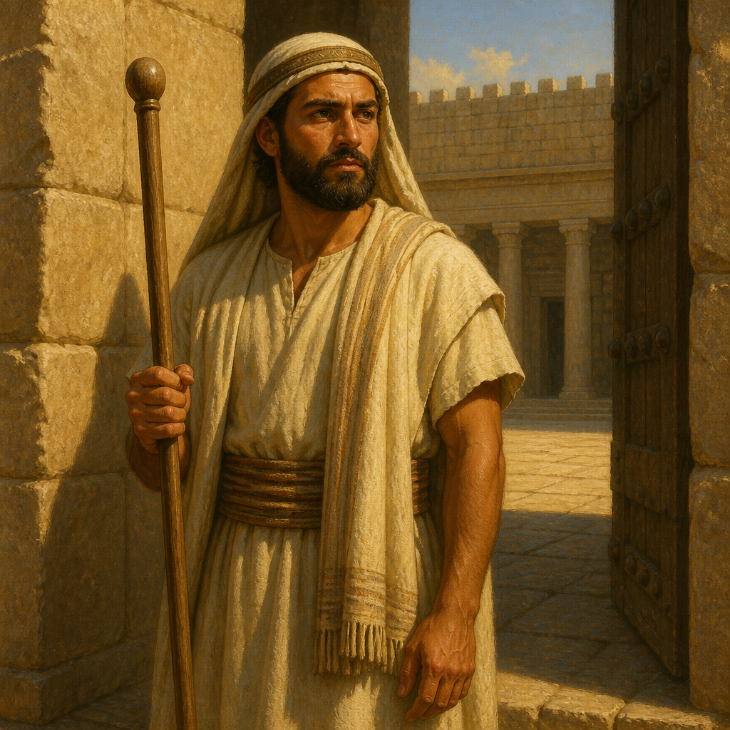 Oil-painting style portrait of Jehohanan, Levite of the Divided Monarchy, Levite gatekeeper and the sixth son of Meshelemiah mentioned in the genealogical records of the Divided Monarchy