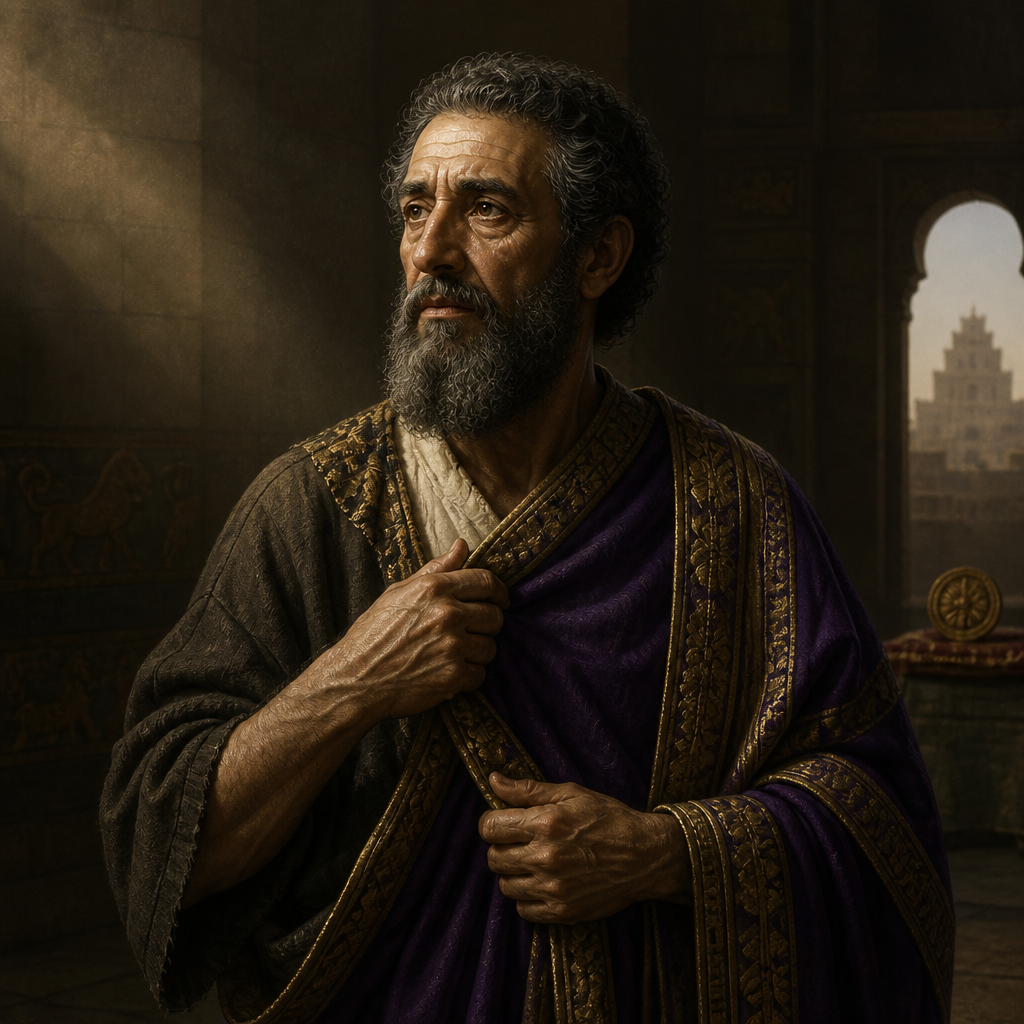Oil-painting style portrait of Jehoiachin, King of Judah who was taken captive to Babylon and later released from prison