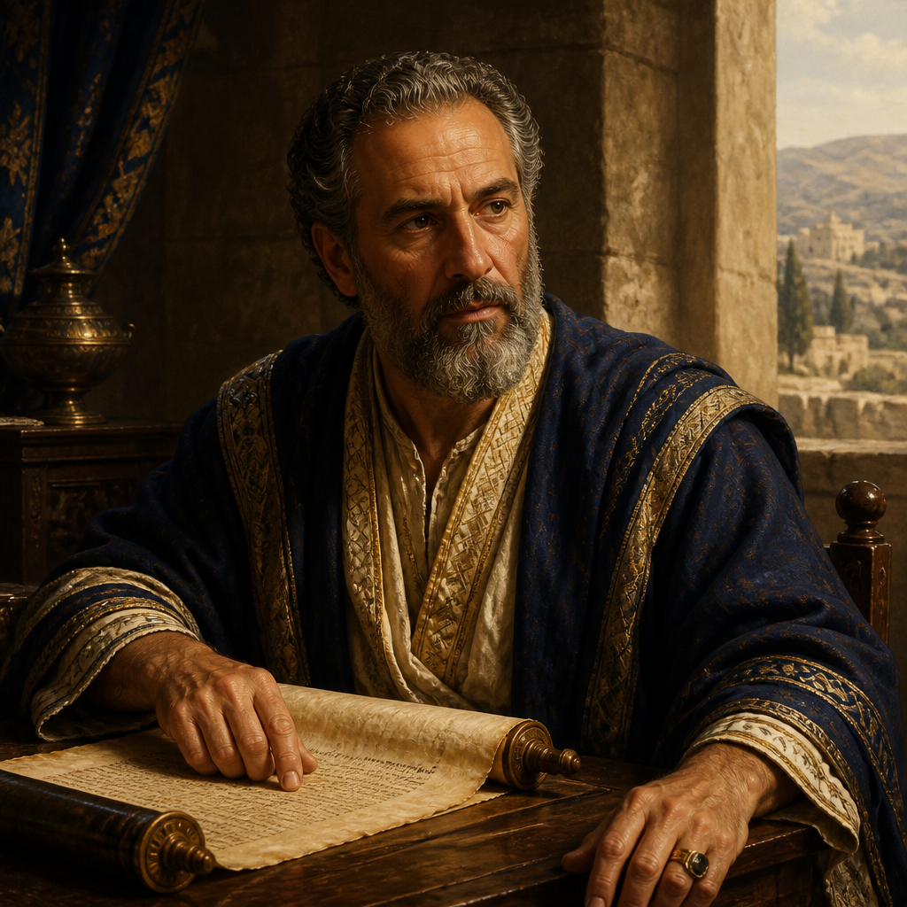 Oil-painting style portrait of Jehoiada, son of Benaiah, Royal counselor who succeeded Ahithophel in the king's court