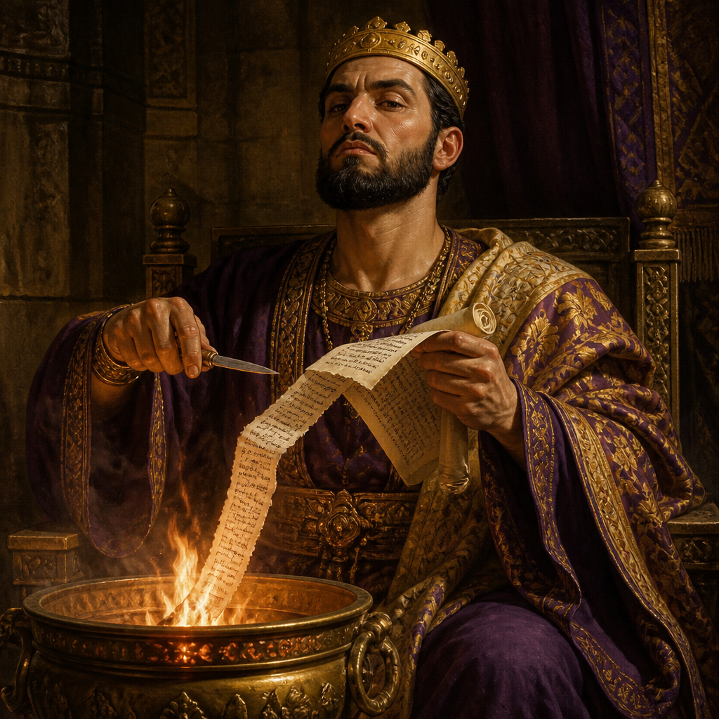 Oil-painting style portrait of Jehoiakim, King of Judah who burned the scroll of Jeremiah's prophecies