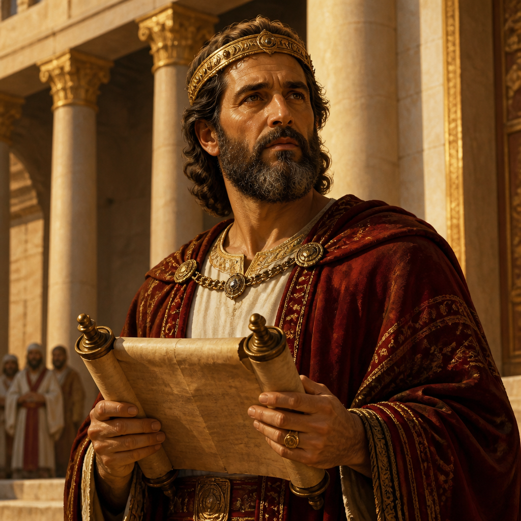 Oil-painting style portrait of Jehoshaphat, King of Judah, King of Judah who instituted judicial reforms and defeated a massive invasion through prayer and song