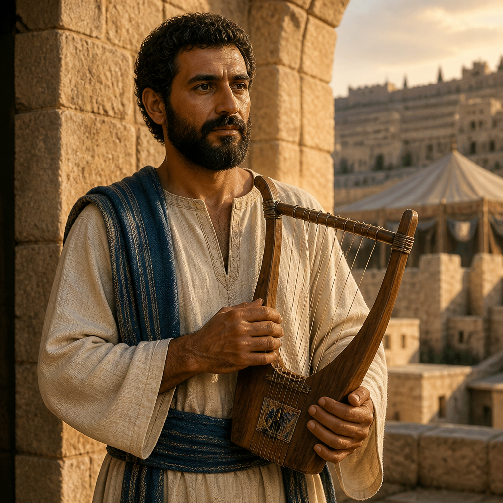 Oil-painting style portrait of Jeiel, Musician of the Divided Monarchy, Levite musician who played the lyre during the transport of the Ark of the Covenant to Jerusalem