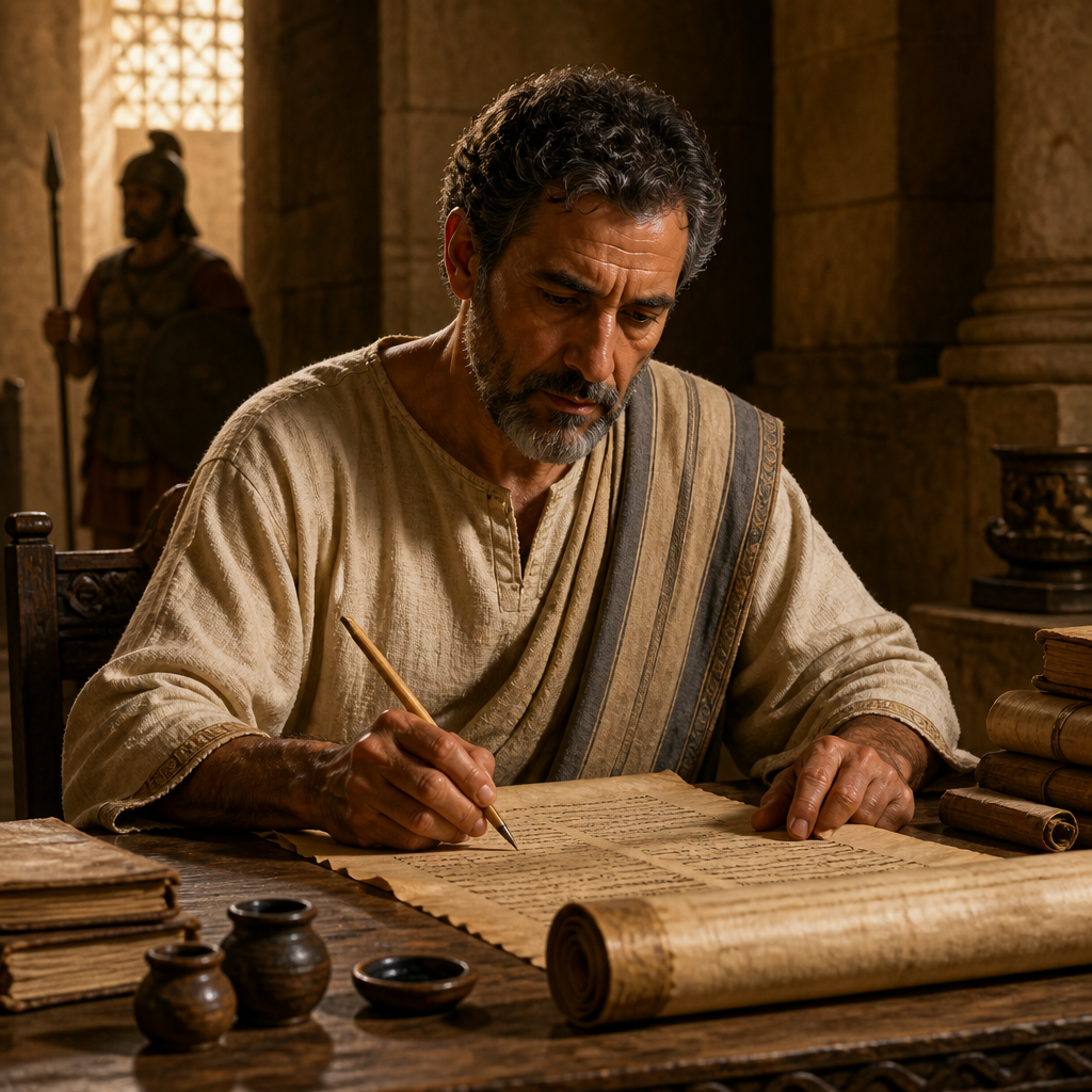 Oil-painting style portrait of Jeiel the Scribe, Scribe who organized and recorded the military divisions of King Uzziah
