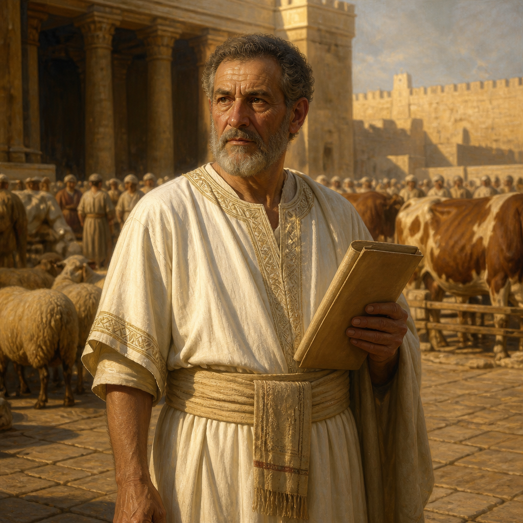 Oil-painting style portrait of Jeiel, Officer of the Levites, Levite officer who donated livestock for King Josiah's Passover