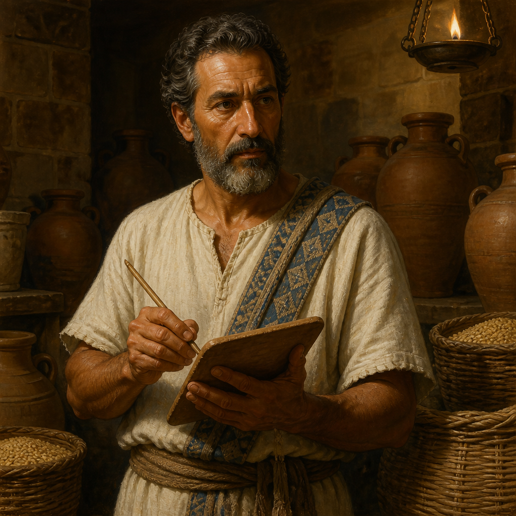 Oil-painting style portrait of Jerimoth, Overseer of the Divided Monarchy, Overseer under King Hezekiah who managed the sacred tithes and offerings