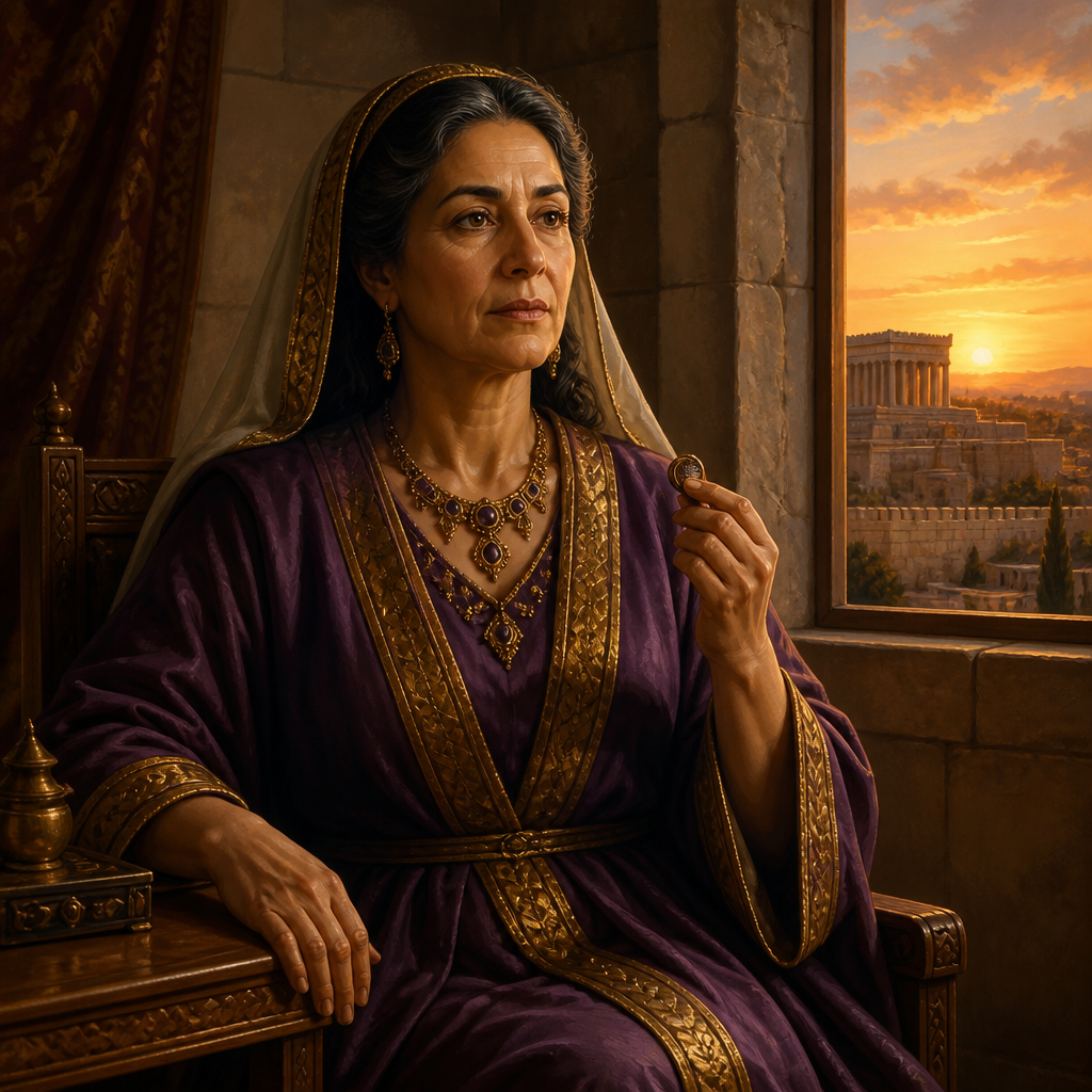 Oil-painting style portrait of Jerusha, Queen Mother of Judah and daughter of Zadok