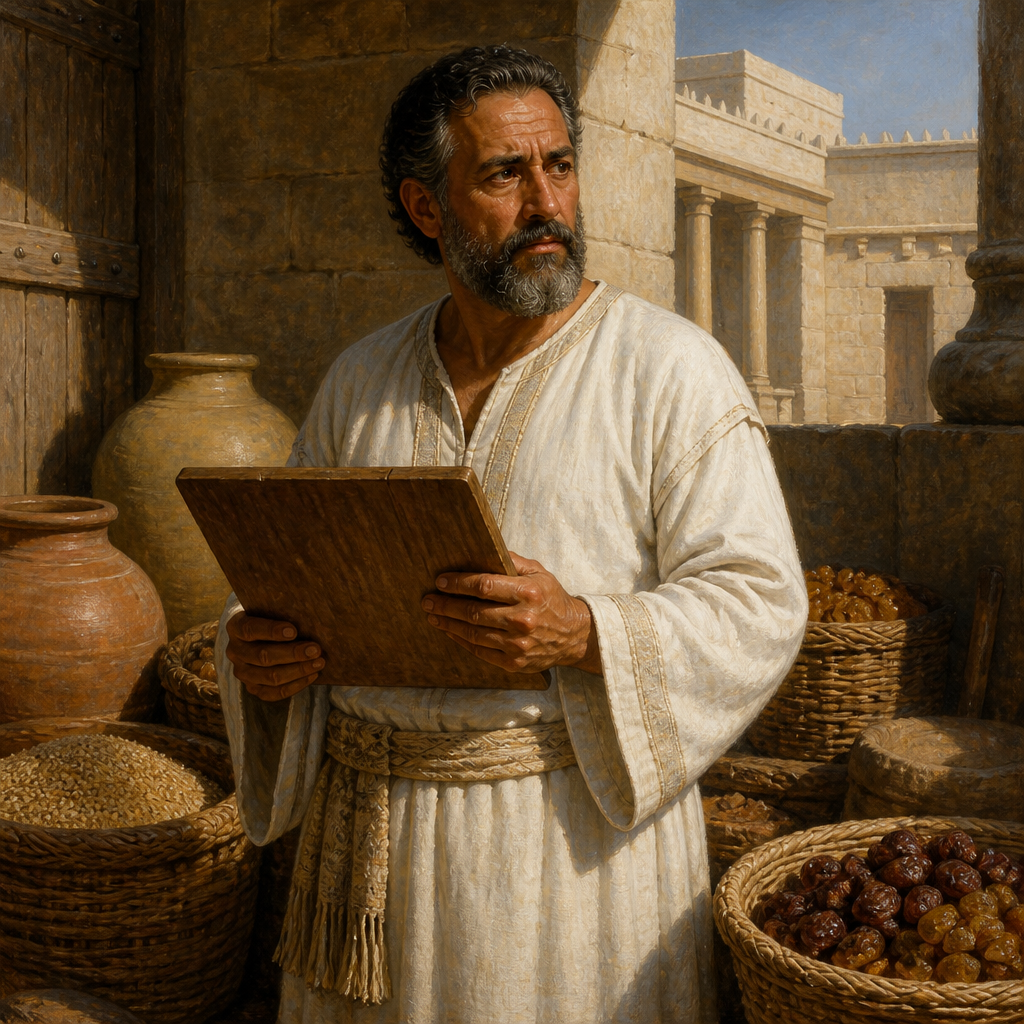 Oil-painting style portrait of Jeshua, Priest of the Hezekiah Reforms, Priest who faithfully distributed tithes and offerings during the reforms of King Hezekiah