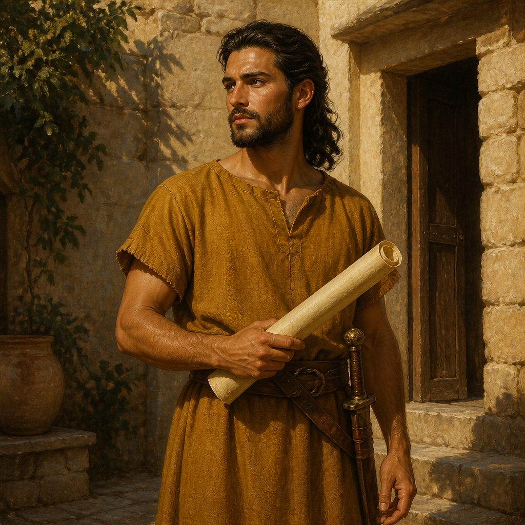 Oil-painting style portrait of Jeush, Son of Eshek, Benjamite descendant of King Saul and son of Eshek listed in the genealogies of Chronicles