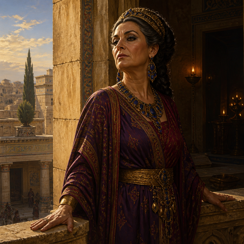 Oil-painting style portrait of Jezebel, Queen of Israel who persecuted the prophets and promoted Baal worship