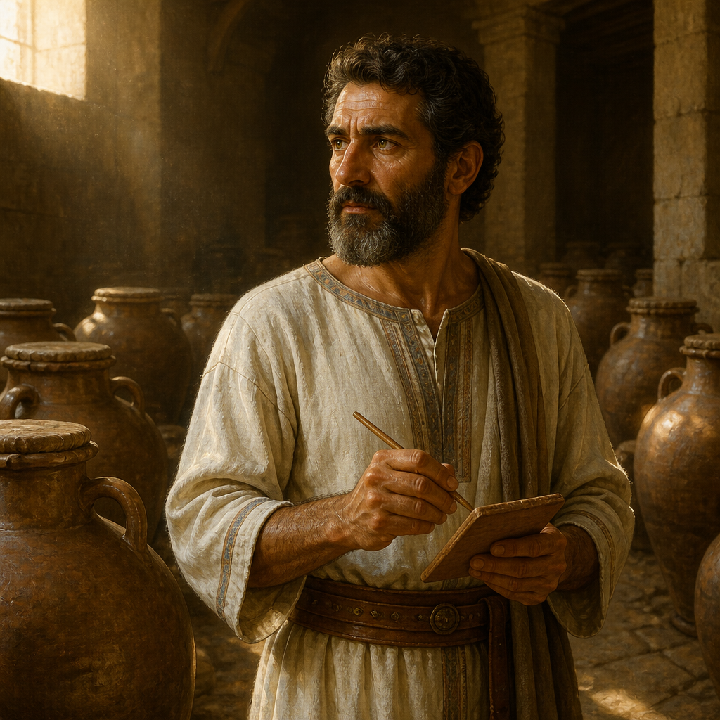 Oil-painting style portrait of Joash, Official of David, Official under King David who was in charge of the royal stores of olive oil
