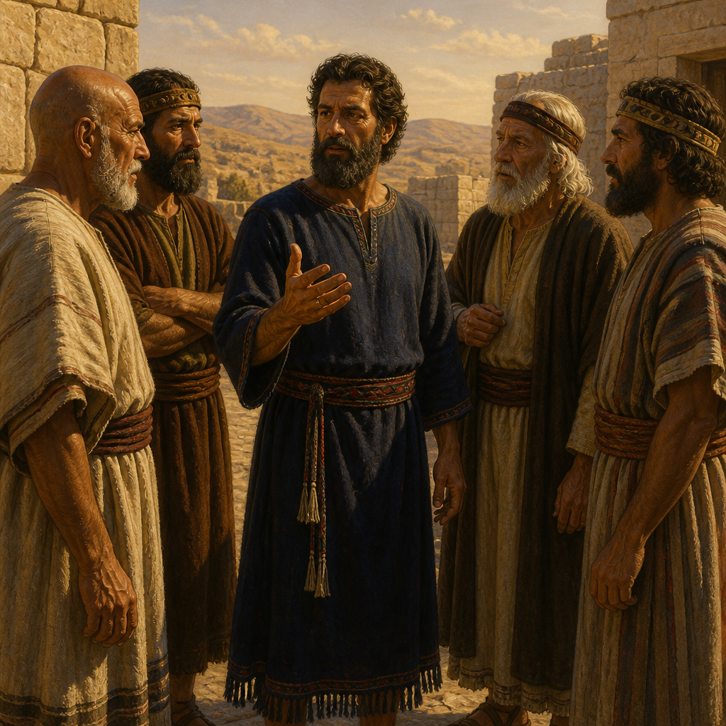 Oil-painting style scene of Joel, Leader of the Tribe of Simeon, figures from the Bible